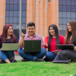 DALL-E: A photo of a mixed group of student who learn partly on campus and partly online