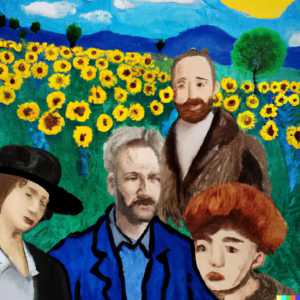 An painting in the style of Van Gogh with Bitmoji's