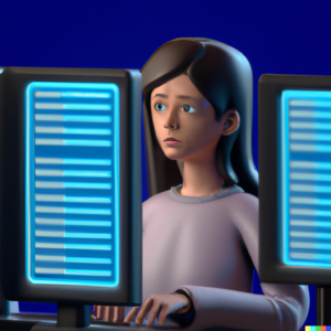 DALL-E: 3D render of a teacher who is monitoring computerscreens of students, on a dark blue background, digital art