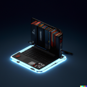3D render of technology used for personalized learning, on a dark blue background, digital art