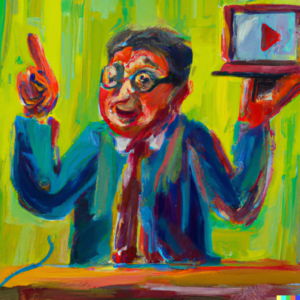 An expressive oil painting of a teacher who uses a video and chat to teach a group of students