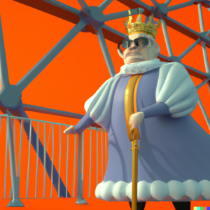 3D render of a happy king on the Erasmus bridge in Rotterdam on a orange background, digital art