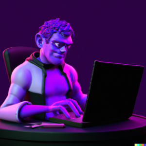 3D render of Frankenstein using a laptop on a dark purple background, digital art