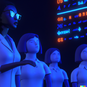 3D render of a female teacher and a group of students who are hyper-learning on a dark blue background, digital art