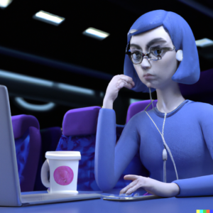 3D render of an female adult learning listening to a podcast while traveling in a train on a dark blue background, digital art