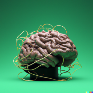 3D render of an overloaded brain on a dark green background, digital art