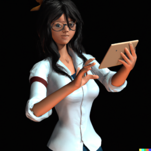 DALL·E 3D render of a female student using augmented reality with an ipad, digital art