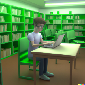 A 3D render of a student who is using a laptop for personalised learning, sitting in a green library