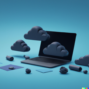 3D render of dark clouds gathering over a laptop on a blue background, digital art