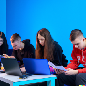 A photo of a diverse group of students working on laptops to solve math problems, in a blue room