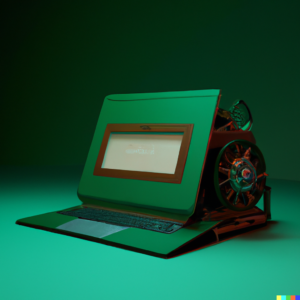 3D render of a laptop that looks like an oldtimer on a dark green background, digital art