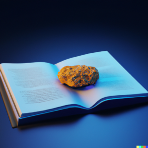 3D render of a nugget with an open book on it, on a dark blue background, digital art