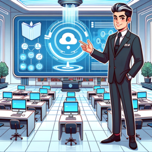 DALL-E: Illustration-of-a-wealthy-individual-standing-in-a-high-tech-classroom-setting.-The-room-is-equipped-with-futuristic-tech-devices-and-hes-showcasing