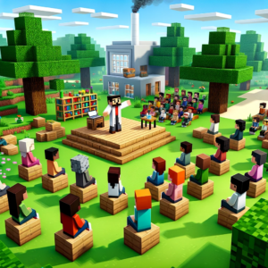Illustration of a Minecraft-styled outdoor educational setting with blocky trees, a makeshift stage, and students of diverse genders and descent seated on grassy blocks, watching a teacher demonstrate an experiment.