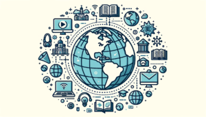 Illustration of a globe with various iconic landmarks. Surrounding the globe are e-learning symbols like laptops, headphones, and e-books. Connected lines suggest a global network of online education reaching different parts of the world.