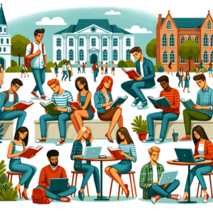 Illustration of a mixed group of students representing different descents and genders. Some are outside in a university setting, engrossed in their books, while others are indoors, engaged in online classes on their laptops.