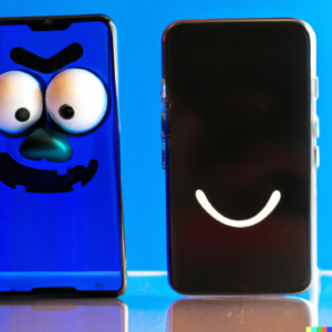 A photo of an evil smartphone and a friendly smartphone, standing in a blue laboratory