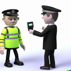 3D render of a policeman who uses facial recognition technology to arrest a white male frauder