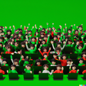 3D render of a group of ten thousand students behind a laptop on a green background, digital art