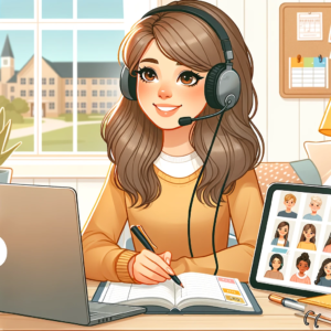 Illustration of an engaged female student with light-tone skin, participating in an online class. She is wearing headphones and speaking into a microphone, clearly contributing to a discussion. Her workspace is neat, with a laptop, a digital tablet with a stylus, and an open planner showing a busy schedule. The background shows a bright, cozy dorm room with a window that looks out to a campus setting.