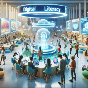 A futuristic and innovative learning environment illustrating digital literacy. 