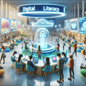 A futuristic and innovative learning environment illustrating digital literacy.