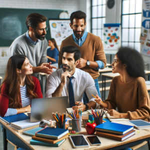 A diverse group of teachers in a classroom setting, engaging in a knowledge-sharing session.