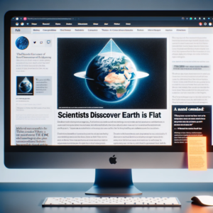 A photo of a computer monitor displaying an article with a false headline and misleading information in the text, accompanied by an image supporting the false information. The headline of the article could be something sensational like 'Scientists Discover Earth is Flat', and the accompanying image could show a manipulated view of the Earth to make it appear flat. The text of the article contains clear misinformation and exaggerations to support the sensational headline. On the side of the monitor, there is an image of an AI logo, indicating that the content has been generated by a generative AI application.