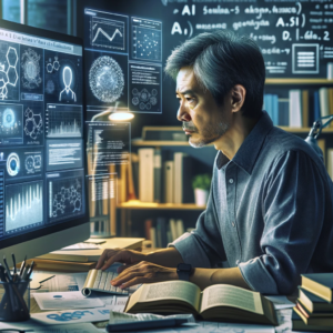 An image depicting a researcher analyzing the effectiveness of AI and video on educational outcomes.