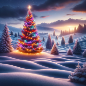a picturesque winter landscape with a prominent Christmas tree during twilight. The scene captures the essence of a serene winter evening, highlighted by the colorful lights on the Christmas tree.