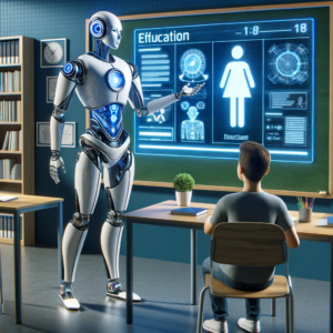 Afbeelding die een moderne chatbot voorstelt, weergegeven als een geavanceerde, humanoïde robot, die lesgeeft aan een individuele student in een futuristische klaslokaal.