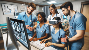 A group of nurses in a hospital setting engaged in learning using digital technology.