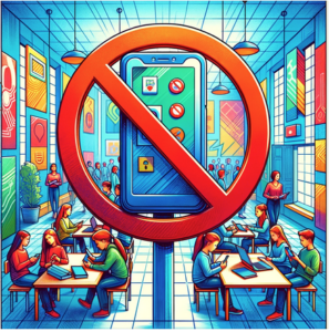 DALL-E: an illustration that represents a ban on smartphones in a school setting.