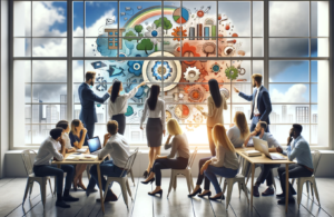 A group of teachers collaboratively examining an educational framework through a window, which symbolizes their perspective on incorporating learning technology in education.