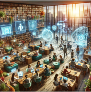 Here's an image that visualizes the digital transformation in education with AI, set in an innovative learning space outside the traditional classroom.