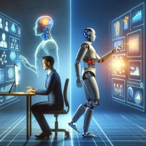 A conceptual artwork depicting two types of artificial intelligence in learning and development (L&D).