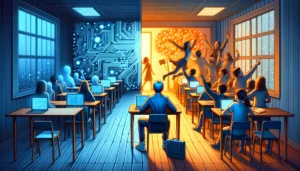 An image illustrating the contrasting effects of AI on learning environments.