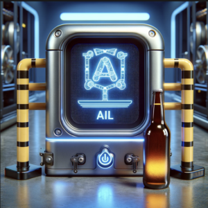 Hier is de afbeelding die een AI-toepassing voorstelt met een fles bier tussen vangrails. 