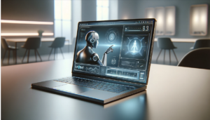 Here's the photo-realistic image of a futuristic laptop with its screen showing a 3D virtual learning environment and an AI tutor.