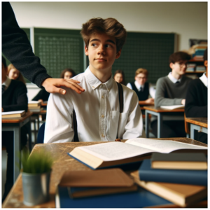 Here's the image of a student who has been gently nudged by a classmate while sitting at their desk in a classroom. 