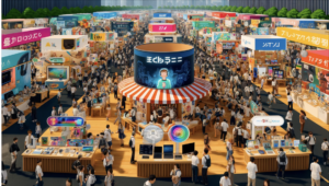 Here is the image of a vibrant and bustling educational technology market scene.