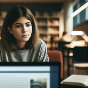 Here's the image of a student who is watching a video on a laptop and appears to be daydreaming.