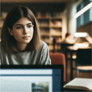 Here's the image of a student who is watching a video on a laptop and appears to be daydreaming. 