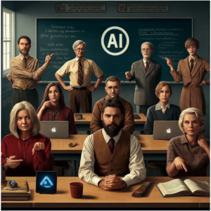An image, illustrating a group of teachers in a classroom. Their resistance to generative AI is subtly indicated through their actions and expressions, focusing on traditional teaching methods rather than overt slogans.