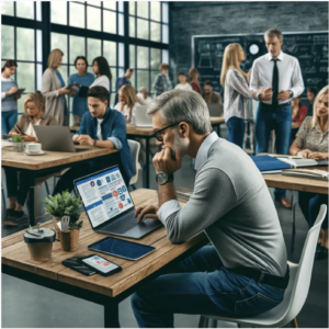 The image shows an adult learner at a desk in a lively learning space, trying to focus on a laptop video while being distracted by a smartphone and chatting colleagues.