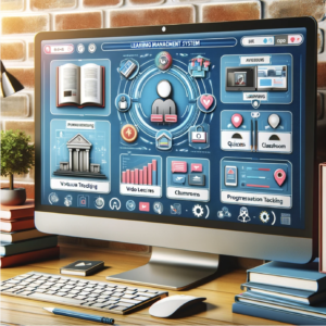 Here is the image of a learning management system interface, designed to illustrate various elements of online learning content without any visible text.