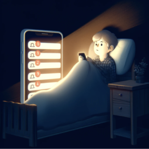 Here is the image depicting a young person in bed, distressed by social media notifications on their smartphone. 