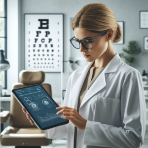 Here is the image of an eye doctor consulting a large language model on a tablet in a modern clinic office. 