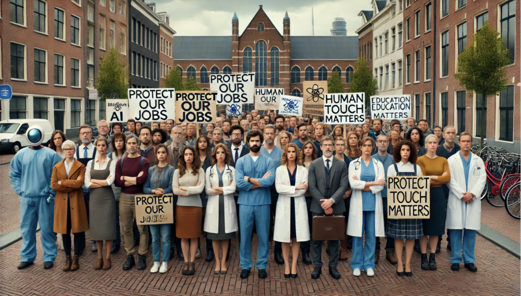 A diverse group of teachers resisting the rise of AI. Do not portray AI as a robot.