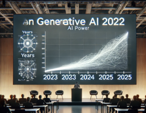 Hier is een foto-realistische afbeelding van een presentatie waarin een grafiek wordt getoond die de exponentiële groei van generatieve AI sinds eind 2022 illustreert. 